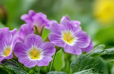 purple primrose flowers in the garden, with a blurry green background