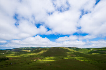 Fototapeta premium Green mountains, cloud crossings in the sky, meanders and sheep. Perşembe Plateau, Ordu, Türkiye
