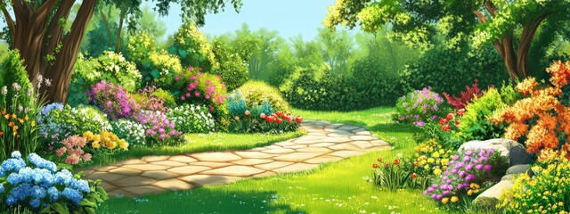 Obraz premium A beautiful garden with a path leading through it