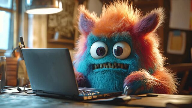 A colorful monster learns to use a laptop in a cozy room, a funny furry character gets angry while working on a laptop indoors