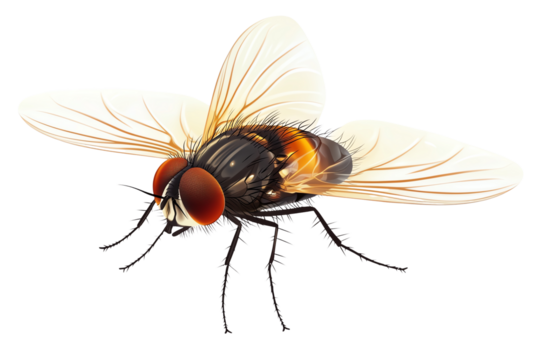 Detailed illustration of a realistic fly with transparent wings and vibrant colors, perfect for educational and design use.