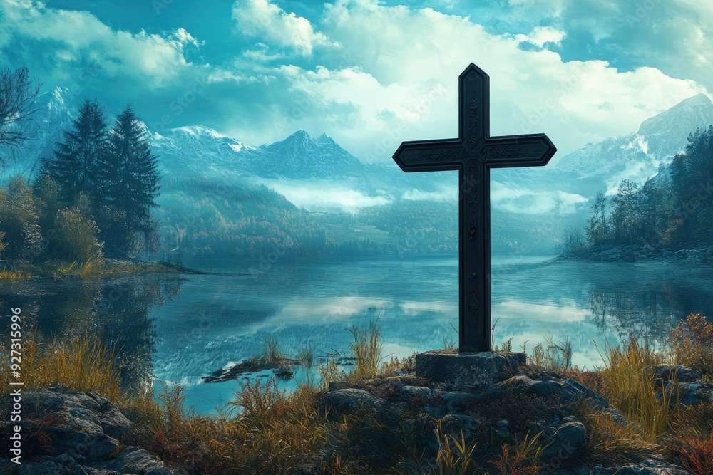 Wall mural religious representation with cross and nature landscape background , ai