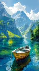 green and blue small boat on the river, high mountain illustration poster background