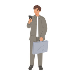 Man in business suit with briefcase and mobile phone. Office worker, employee speaking on smartphone.