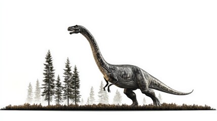 Obraz premium A massive dinosaur walking through a forested area, showcasing the prehistoric environment with tall trees in the background.