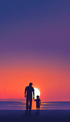 Fototapeta premium Father and Child Silhouette at Sunset on the Beach