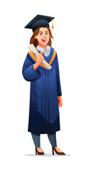 Female graduate holding diploma, smiling in cap and gown, expressing pride. Vector cartoon character illustration