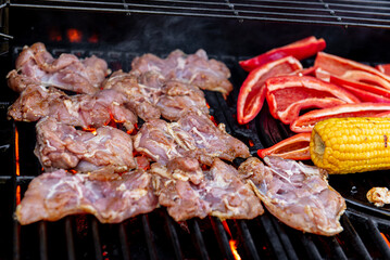 Grilled chicken meat with vegetables on barbecue grill with smoke.