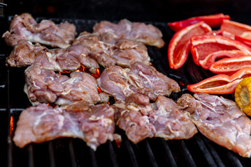 Grilled chicken meat with vegetables on barbecue grill with smoke.