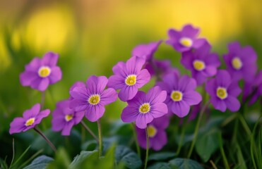 Fototapeta premium purple primrose flowers in the garden, with a blurry green background