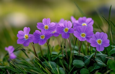 purple primrose flowers in the garden, with a blurry green background