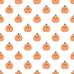 Background for the harvest festival. A ripe pumpkin with a cute face. Seamless pattern with kawaii vegetable character