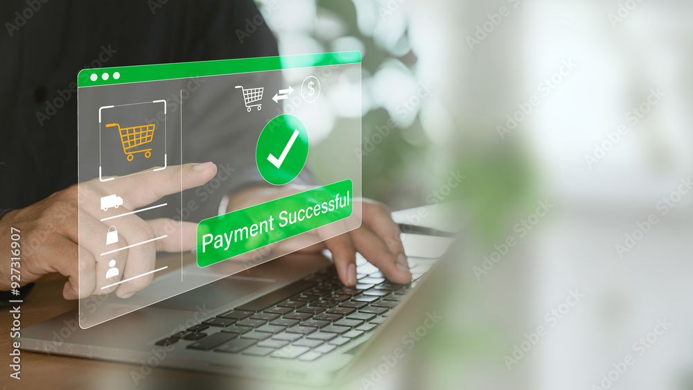 Poster shopping and online payment concept. person interacting with a laptop screen showing a successful on