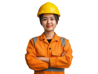 happy Asian female worker in safety helmet with crossed arms, isolated