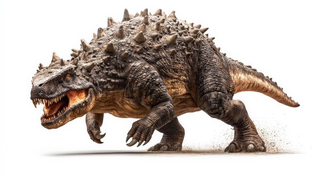 A realistic depiction of a spiked dinosaur roaring and walking on a white background. Detailed and fierce prehistoric creature in motion.