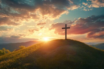 Fototapeta premium Serene Sunrise Behind Cross on Hill, Spiritual Awakening Concept , ai