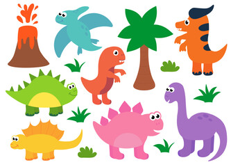 Collection of cute baby dinosaurs. Hand drawn brontosaurus, tyrannosaurus, pteranodon, pterodactyl. Set of flat cartoon vector illustrations isolated on white background. © Darinov Art