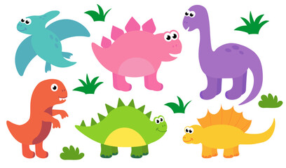 Collection of cute baby dinosaurs. Hand drawn brontosaurus, tyrannosaurus, pteranodon, pterodactyl. Set of flat cartoon vector illustrations isolated on white background.