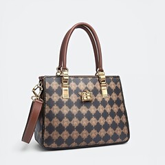 Brown and black checkered handbag with gold accents and an adjustable strap.
