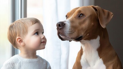 Pitbull sitting obediently beside a child, protective and gentle, showcasing loyalty in family pets