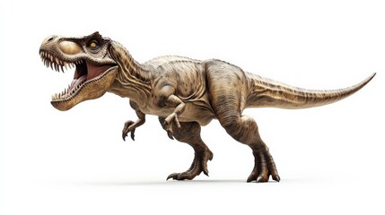 A realistic rendering of a roaring Tyrannosaurus Rex dinosaur against a white background, displaying details of its muscular anatomy.