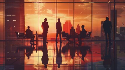 Silhouettes of five business people in a modern office looking out a window with a cityscape and sunset.