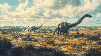 Fototapeta premium A stunning prehistoric scene featuring a group of dinosaurs walking across a rocky landscape under a cloudy sky.