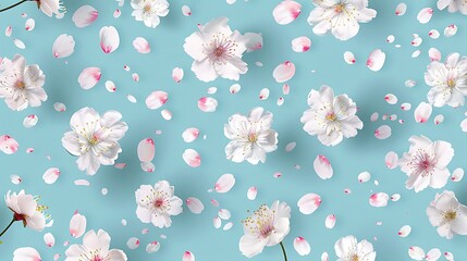 Fototapeta premium A seamless flower illustration pattern featuring delicate pink and white cherry blossoms scattered across a soft pastel blue background. 8k UHD, suitable for high-quality printing or digital 