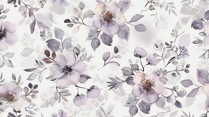 A soft and subtle flower pattern featuring pale lavender blooms and delicate greenery, set against a muted gray background for a calming effect. 8k UHD, suitable for high-quality printing or 