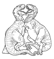 Fight between two Tyrannosaurus Rex. Dinosaur battle to color in. Drawing with prehistoric animals.