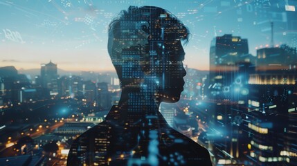 Silhouette of a person with digital data overlayed over a cityscape at night.