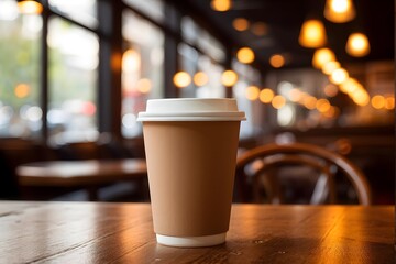 coffee cup on a wooden table in a warmly lit cafe in blurred background