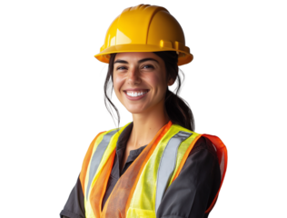 confident smiling female worker in safety helmet, isolated and happy