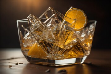 Glass of whiskey with ice cubes and slice of lemon on wooden table. ai generated