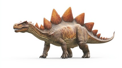 Obraz premium Detailed image of a Stegosaurus dinosaur with distinctive plates and spikes on a white background, showcasing prehistoric wildlife.