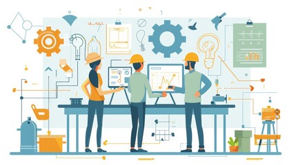 Cartoon vector image of employees discussing production schedules, representing planning activities in manufacturing