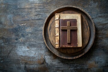 The Cross with old Bible lay on wooden plate, christian concept , ai