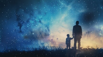 Silhouette of a father and son standing in a field, looking up at the night sky with a starry, nebula filled galaxy above them.