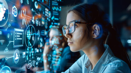 A woman is looking at a computer screen with a lot of blue and red shapes. She is wearing glasses and she is focused on the screen. Concept of technology and modernity.