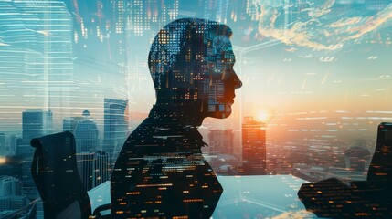 Silhouette of a businessman looking at a cityscape with a digital overlay of data and code.