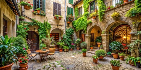 Steeped in history charming courtyard with potted plants picturesque patio scene