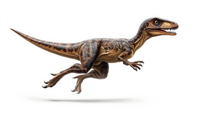 Naklejka premium Digital illustration of a Velociraptor dinosaur in motion on a white background, showcasing dynamic and realistic detailed artistry.