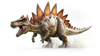 Fototapeta premium Digitally created majestic dinosaur with sharp spines and teeth, running through a white background. Prehistoric art at its finest.