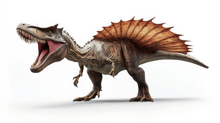 Fototapeta premium Digital illustration of a roaring Spinosaurus dinosaur with a sail-like spine on its back, isolated on a white background.
