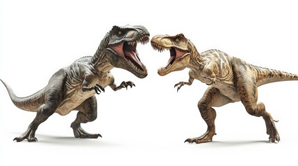 Fototapeta premium Dinosaurs roaring and facing each other against a white background. Captures the fierce and prehistoric nature of these giant reptiles.