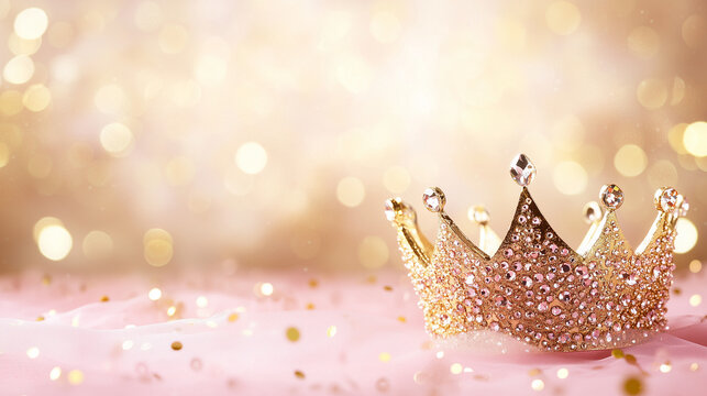 Princess birthday party: golden bedazzled princess crown on a pink tulle fabric with golden bokeh background