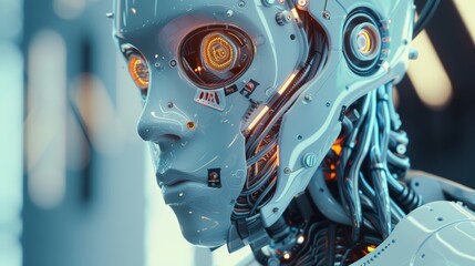 Closeup of a futuristic robot's head with glowing eyes and exposed circuitry.