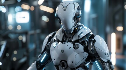 Close up view of a white robotic character with blue lights.