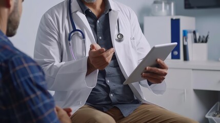 Close-up of a doctor in a white coat sitting with a patient, looking at a tablet, and explaining something.