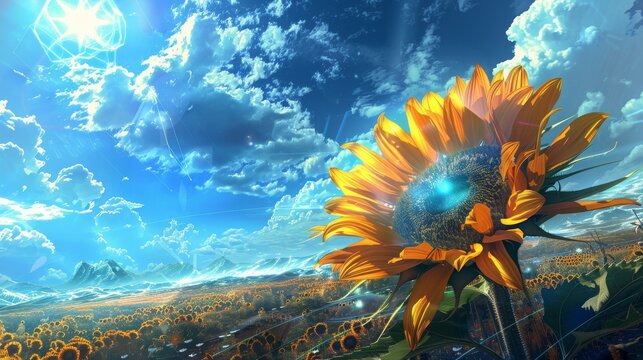 A sunflower with holographic petals in a futuristic landscape, showcasing the integration of technology with nature